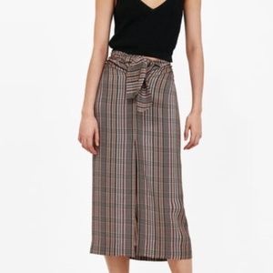 Zara Plaid Front Tie Midi Wrap Skirt Slit Size XS